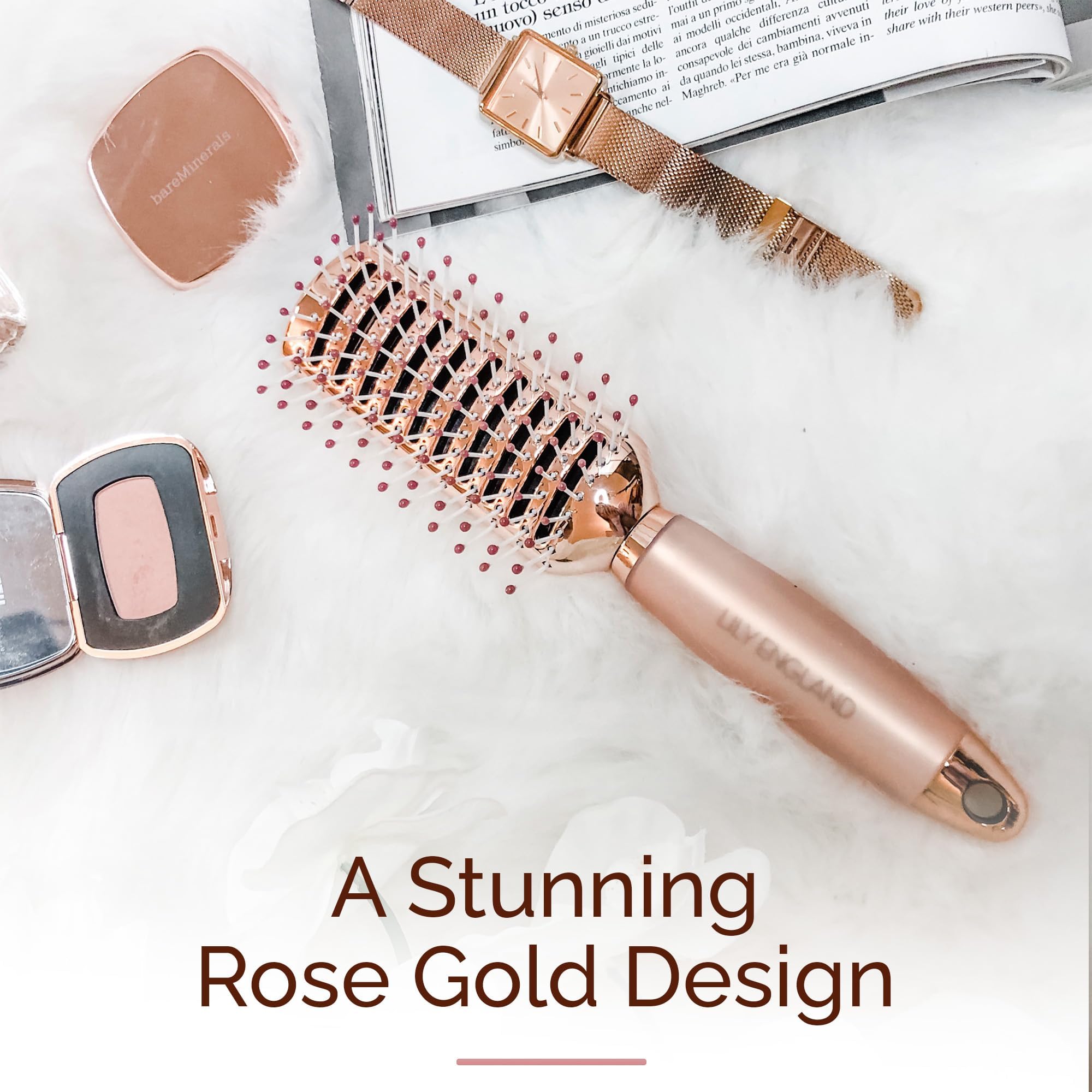 Détail rose doré et esthétique premium de la brosse.