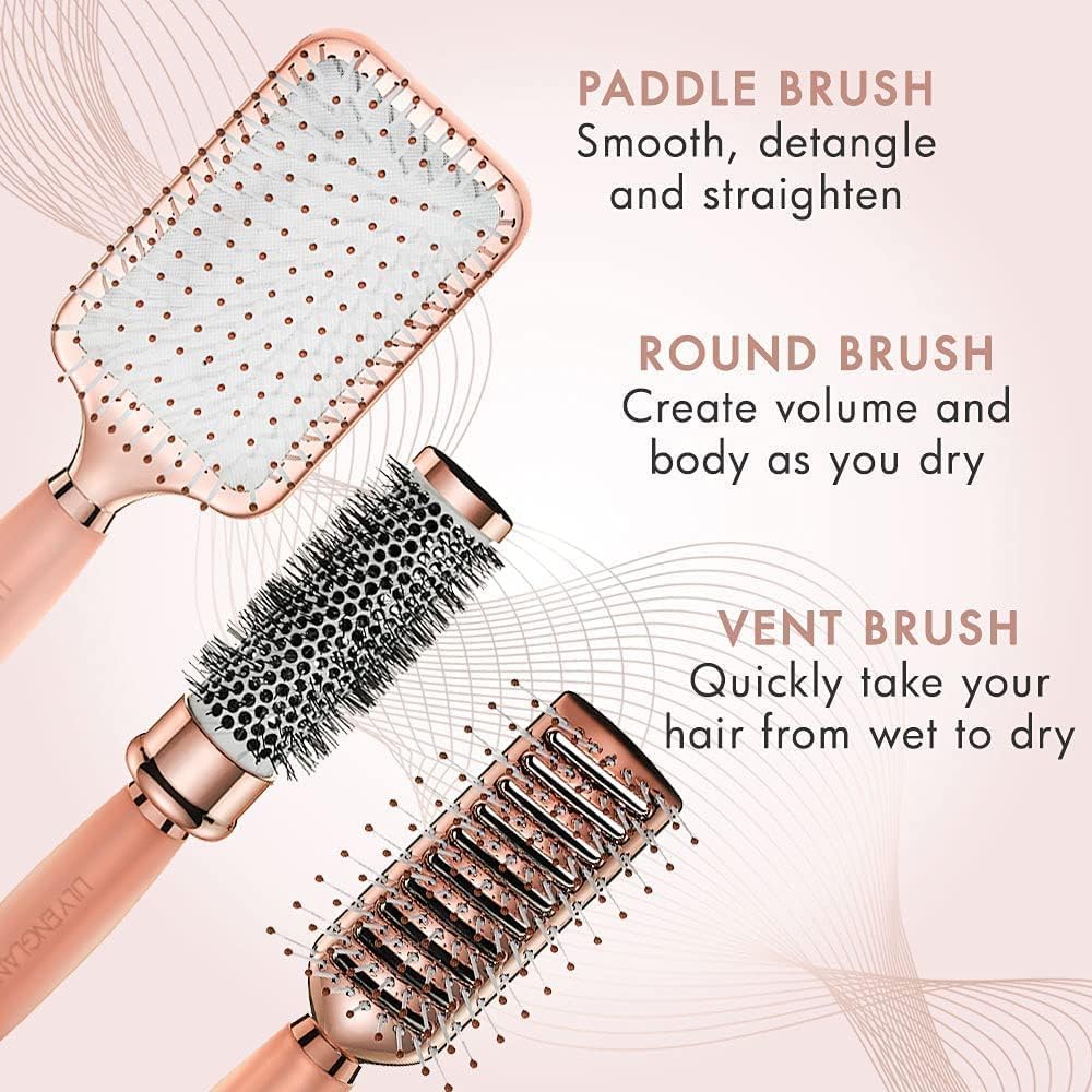 Ensemble Lily England – coffret de brosses rose doré pour tous types de cheveux.