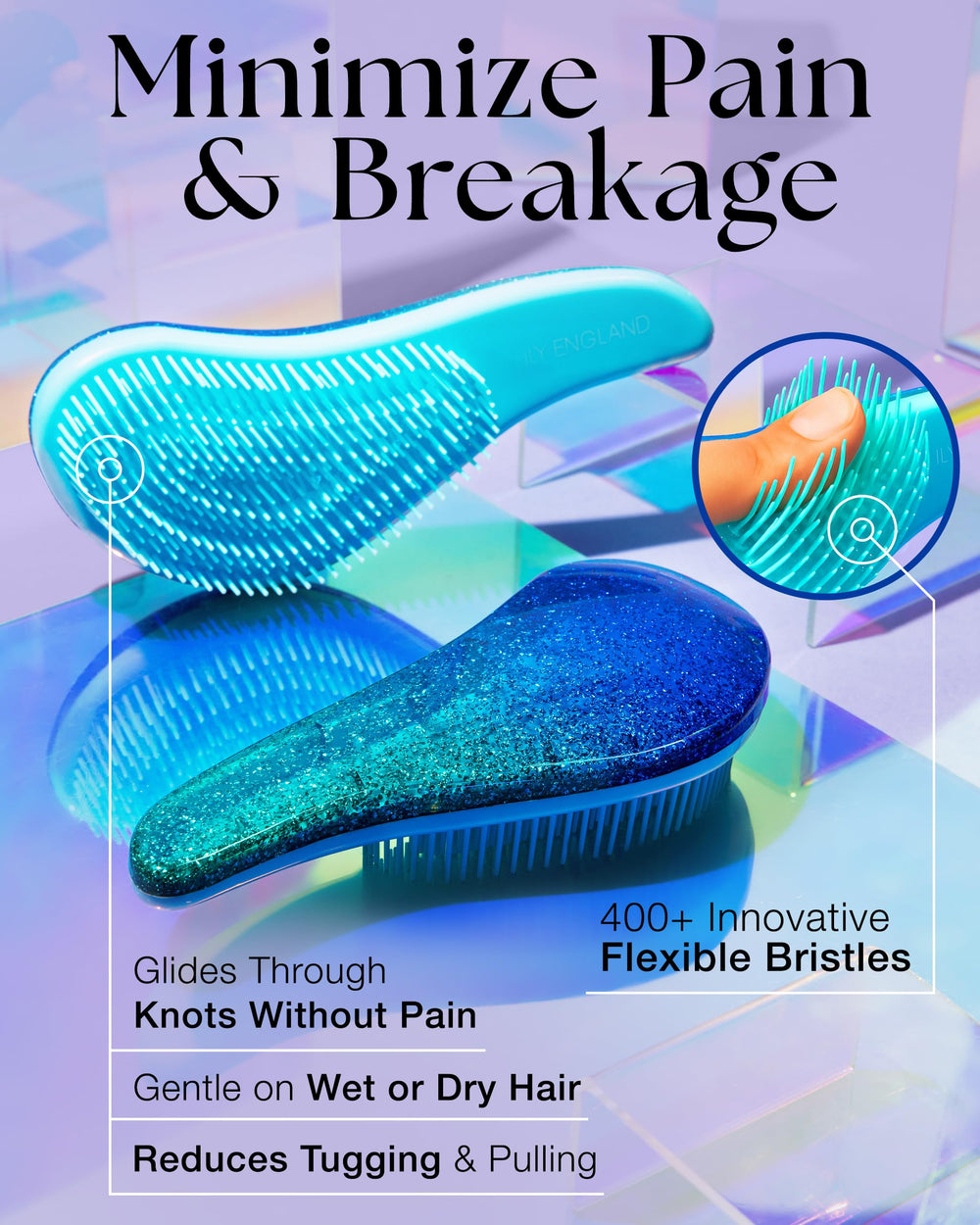 Cheveux mouillés démêlage en douceur grâce aux poils flexibles Lily England.