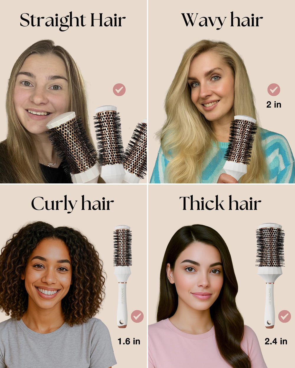 Utilisation Lily England: brosse ronde pour séchage fluide et flux d'air optimisé.
