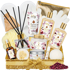 Coffret Lily Roy 17 pièces amande prêt à offrir pour une expérience spa à domicile luxueuse.