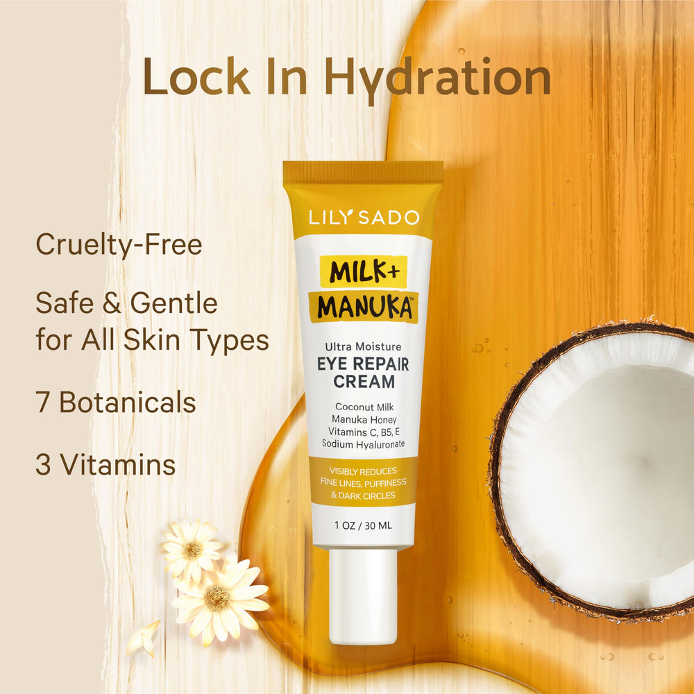 Application autour des yeux avec Milk+Manuka, effet apaisant
