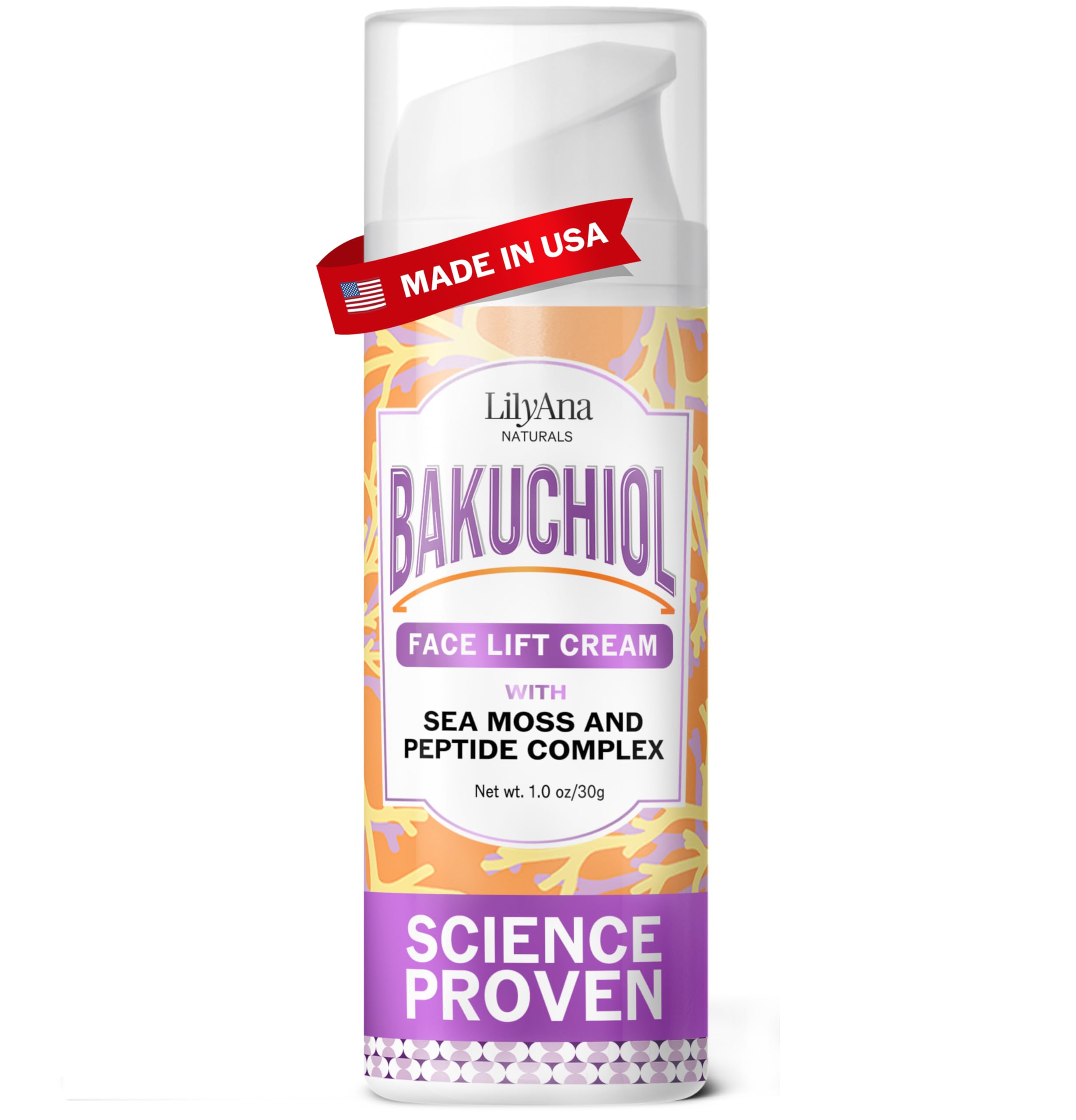 Crème LilyAna Naturals Bakuchiol en bouteille pompe prête à être dosée et hydratante.