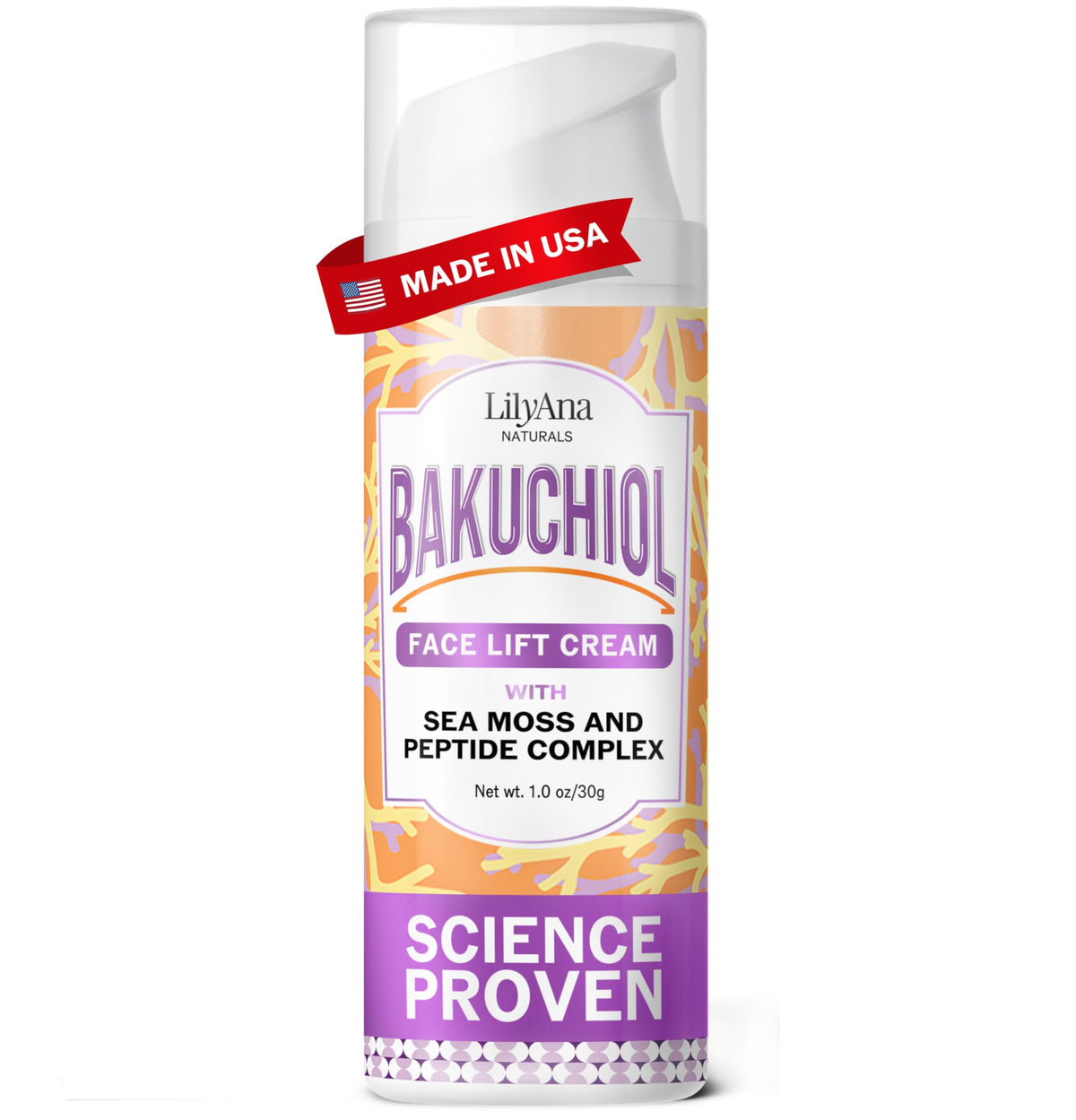Crème LilyAna Naturals Bakuchiol en bouteille pompe prête à être dosée et hydratante.