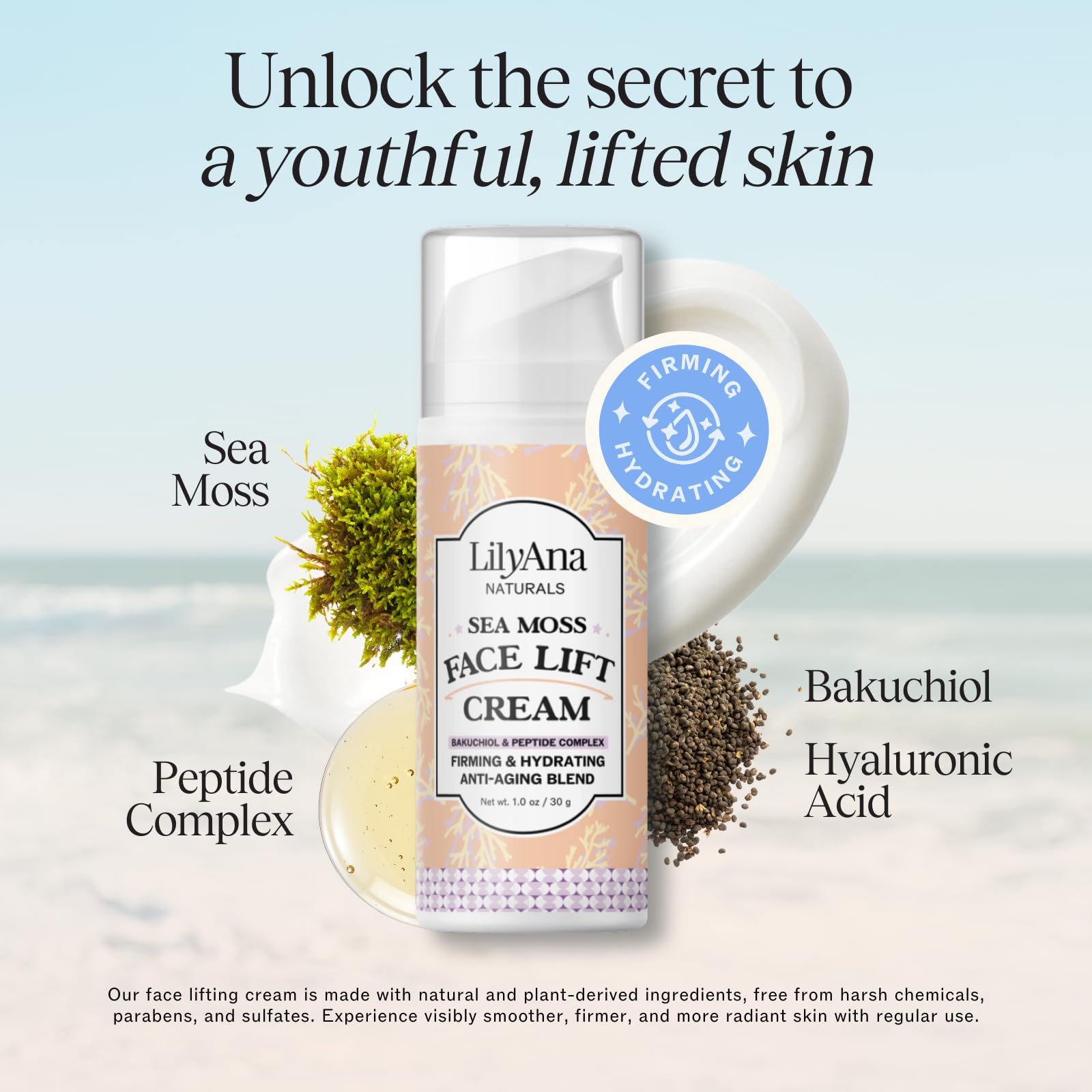 Emballage élégant de la crème liftante LilyAna Naturals Bakuchiol.