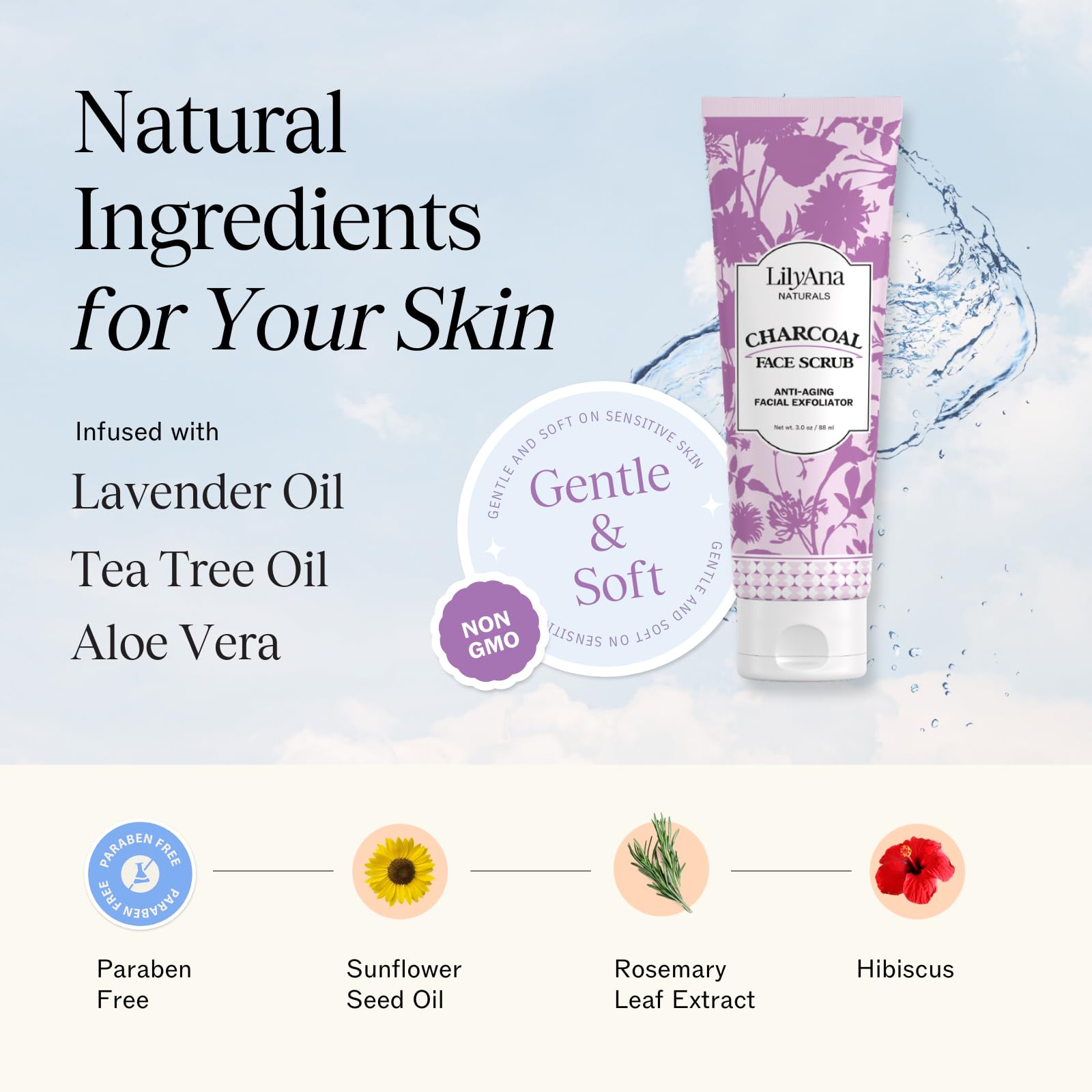 LilyAna Naturals Gommage Charbon Lavande: flacon et lavande parfumée