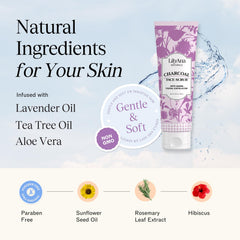 LilyAna Naturals Gommage Charbon Lavande: flacon et lavande parfumée