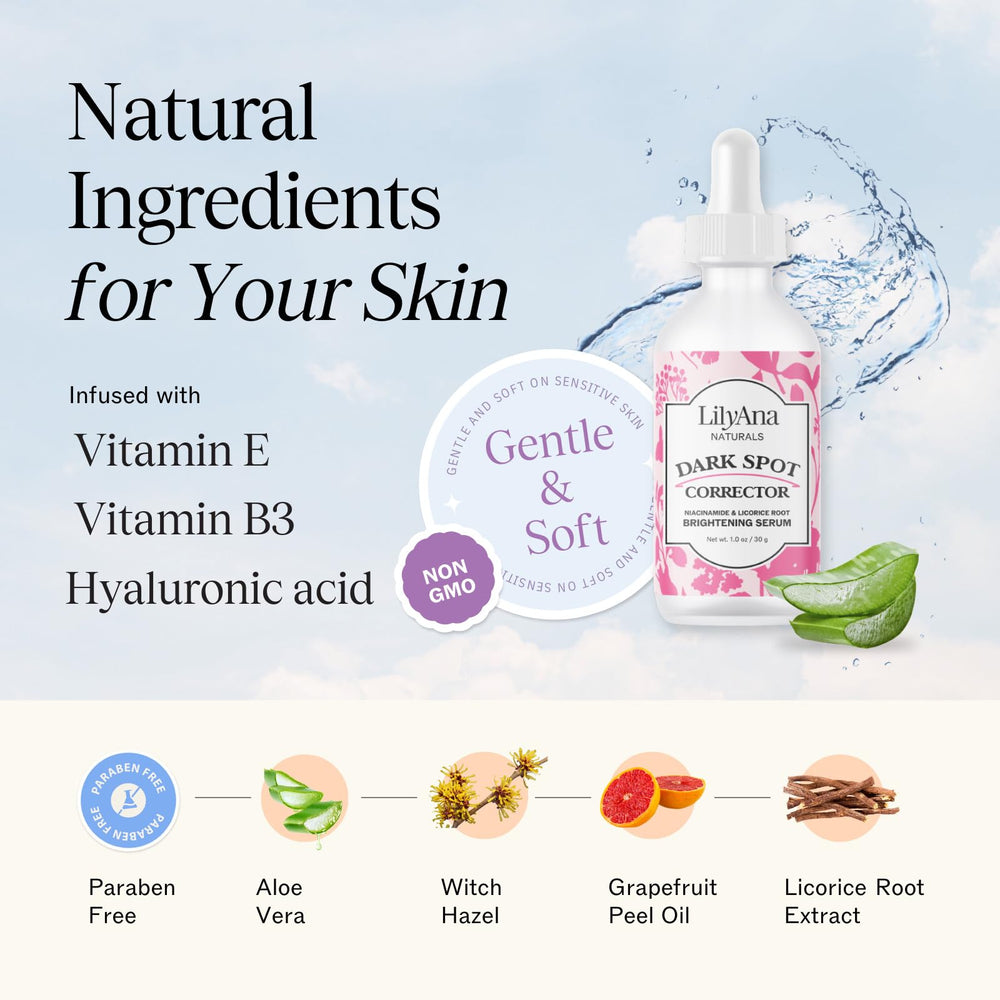 Ingrédients Niacinamide et réglisse pour peau saine, LilyAna Naturals.