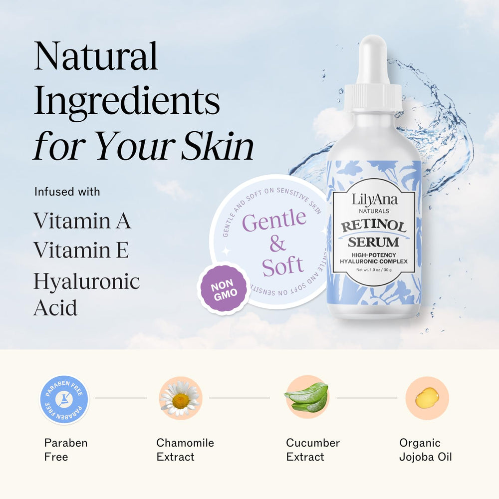 LilyAna Naturals Retinol Serum – emballage pratique et élégant pour la routine.
