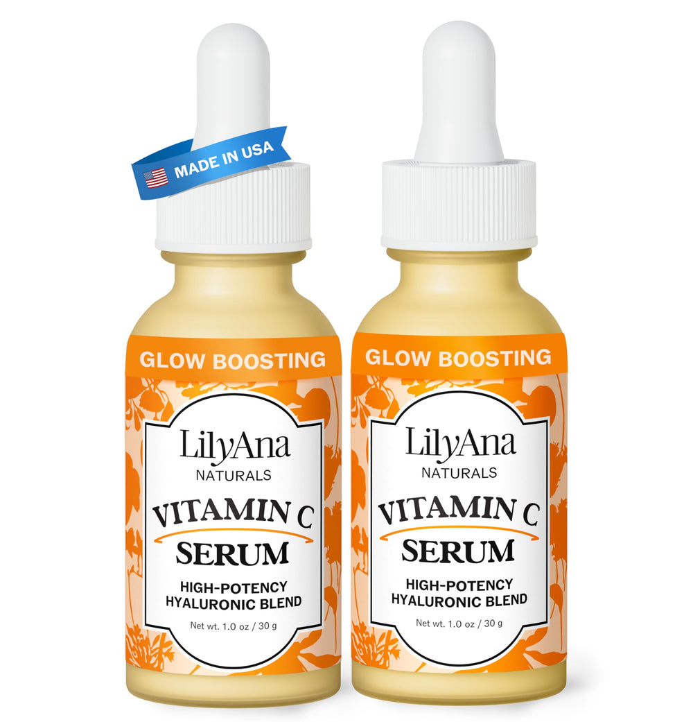 Sérum LilyAna Naturals Vitamin C en flacon, teint lumineux et frais.