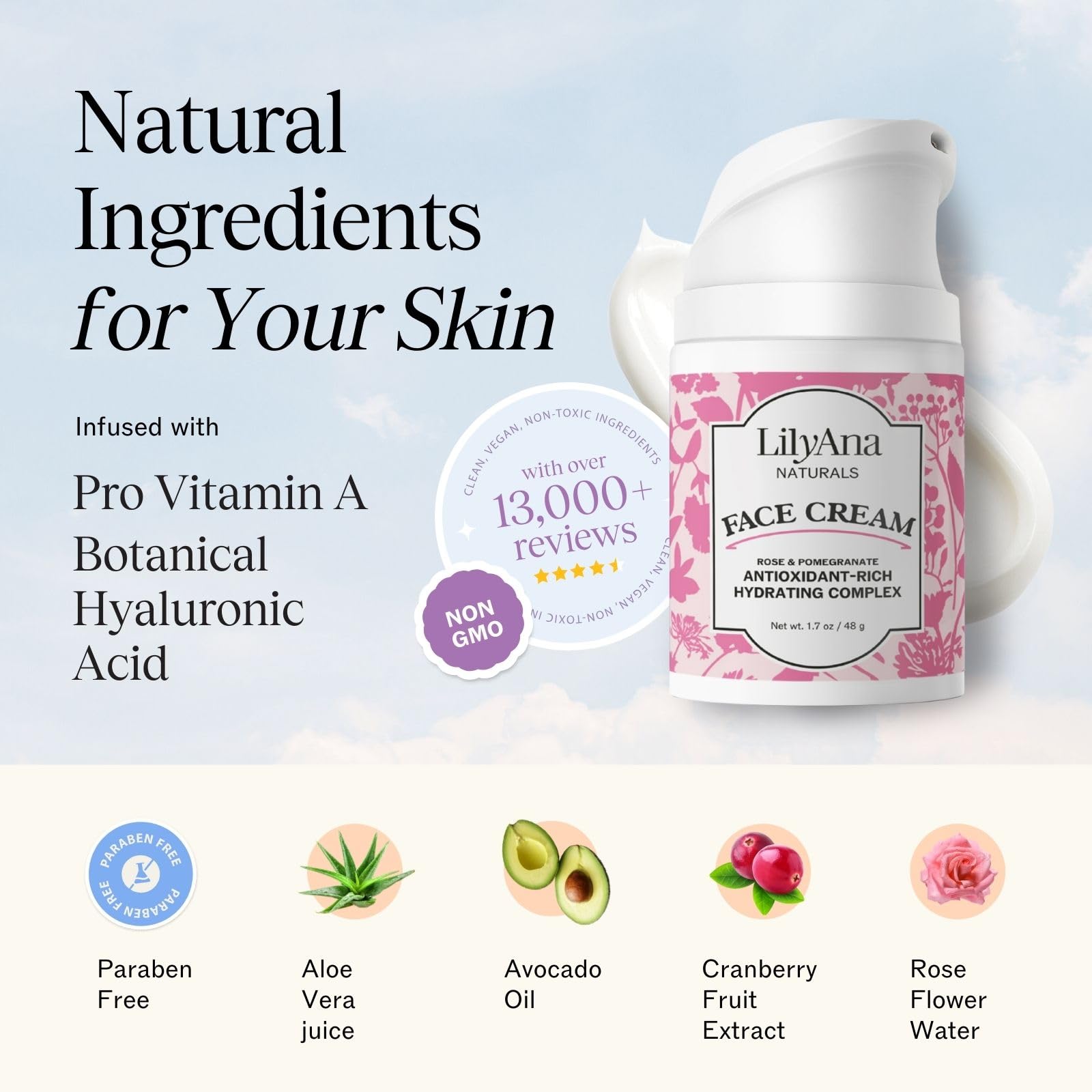 Texture légère de la crème LilyAna Naturals se fond rapidement sur le visage et le cou.