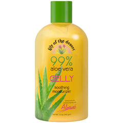 Lily Of The Desert Gelly Moisturizer montre la bouteille et le gel d'aloé réconfortant pour peau sensible.