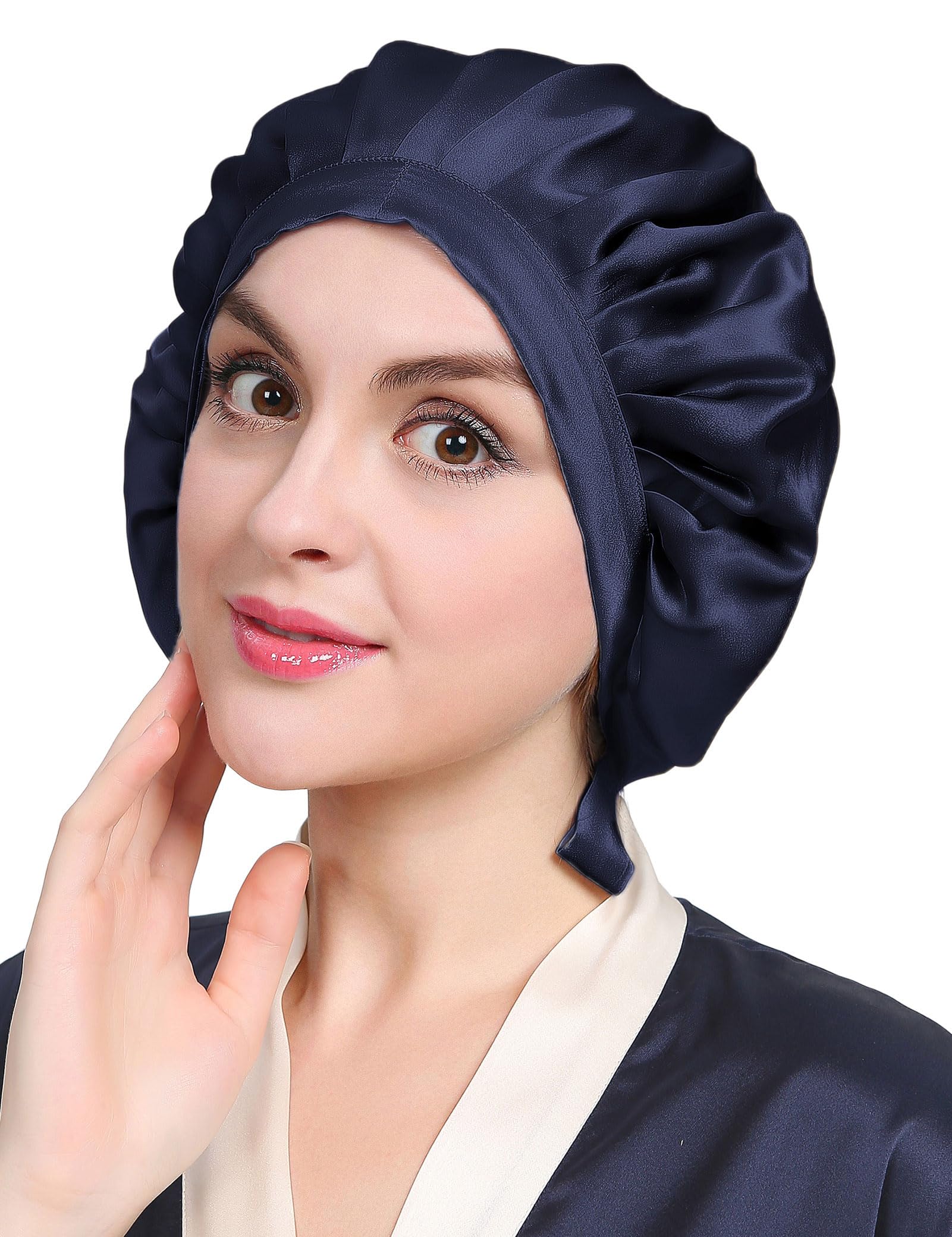 Bonnet LilySilk en soie bleu foncé, douceur nocturne pour cheveux sans frottement.