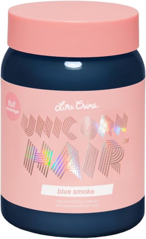 Lime Crime teinture cheveux bleu fumé dans la bouteille, couleur riche et hydratation.