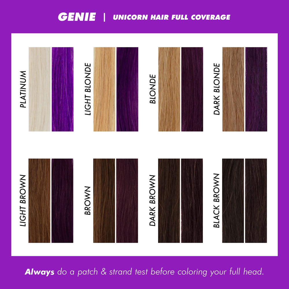 Cheveux pré-blonds recevant Genie, teinte violette profonde.