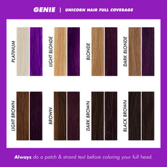 Cheveux pré-blonds recevant Genie, teinte violette profonde.