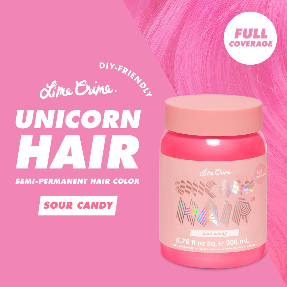 Étiquette Lime Crime Unicorn Hair Sour Candy facilitant l’identification du produit végane