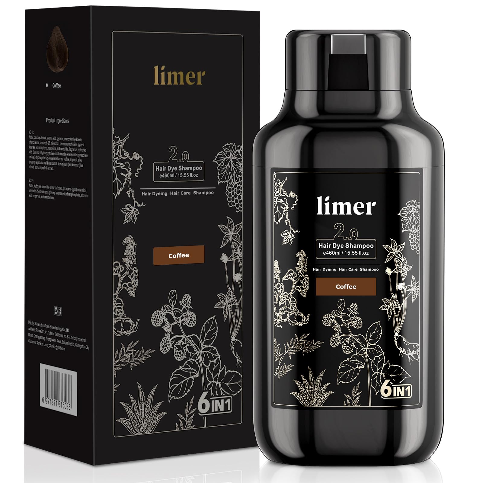 Limer Shampoing couleur Café – bouteille affichant une teinte naturelle prête à l'emploi.