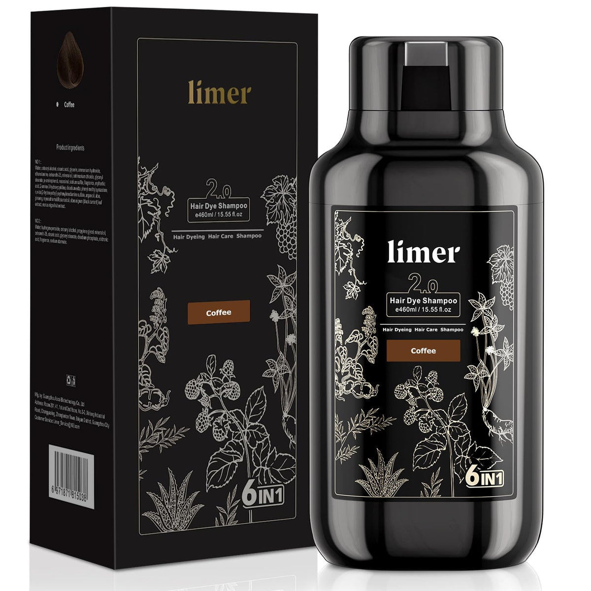 Limer Shampoing couleur Café – bouteille affichant une teinte naturelle prête à l'emploi.