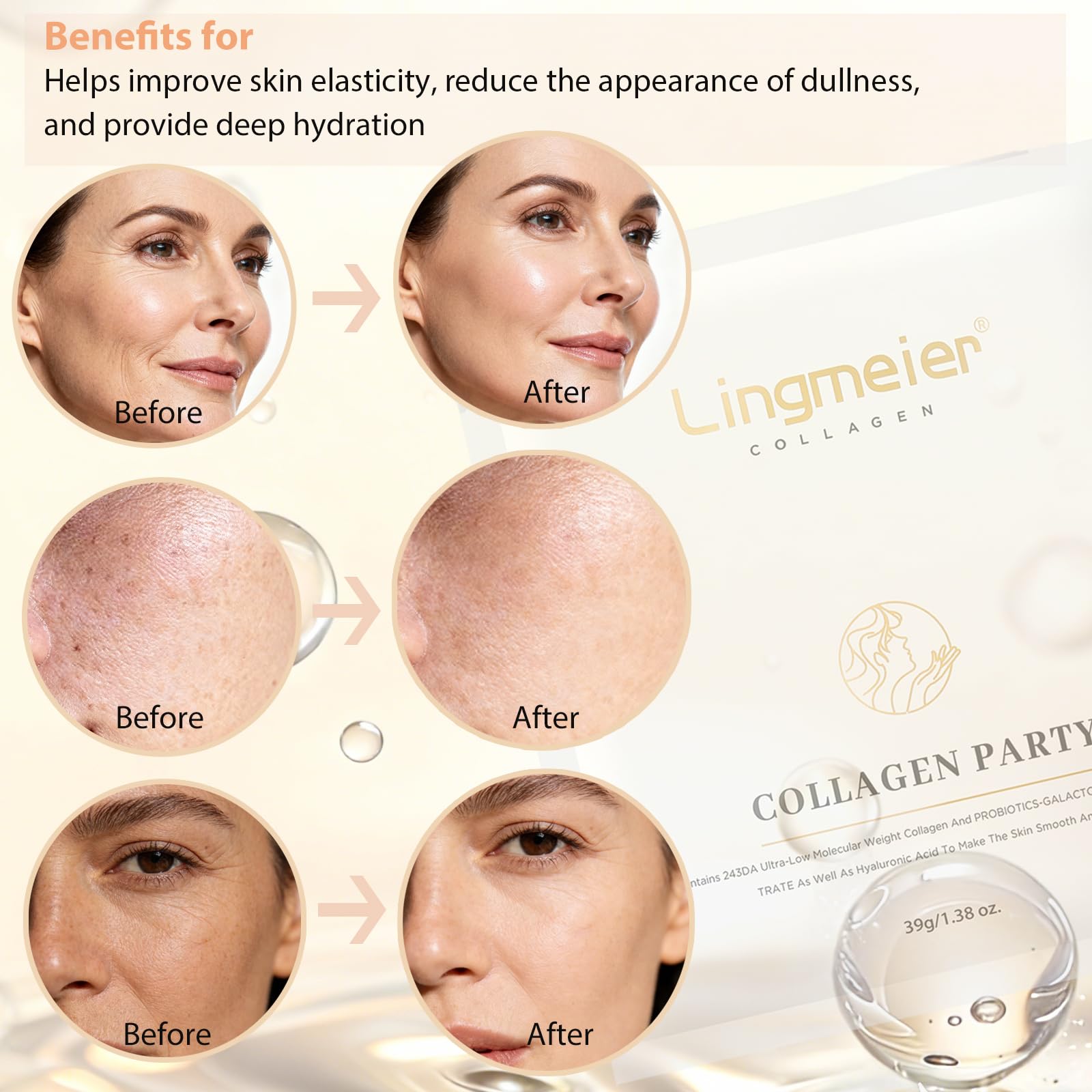 Ingrédients Lingmeier collagène marin, soutien potentiel à l’élasticité.