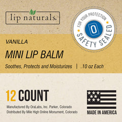 Lip Naturals emballage 12 mini baumes vanille, pratique pour cadeaux et bureaux.