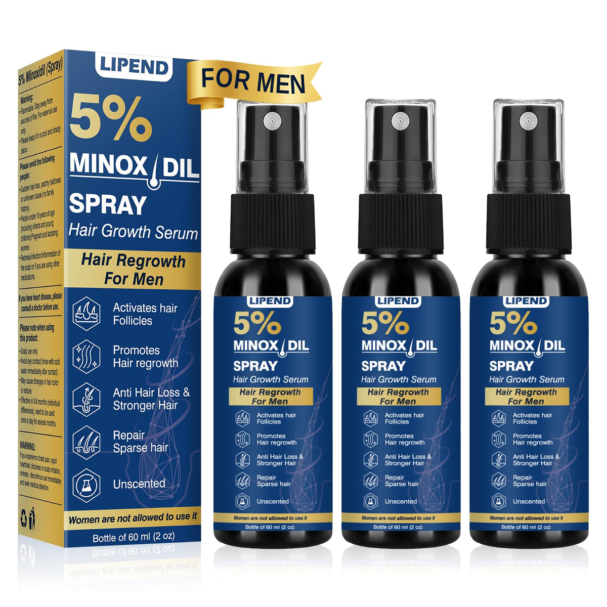 Lipend Minoxidil spray 60 ml pour stimuler la croissance des cheveux.