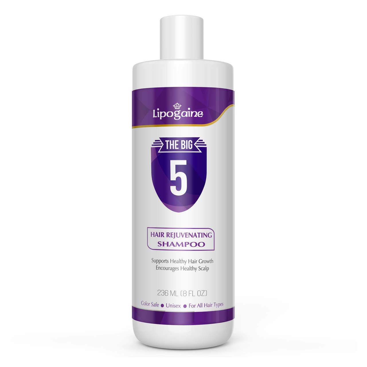 Lipogaine Big 5 Shampoing, flacon violet, hydratation et volume pour cheveux fins.