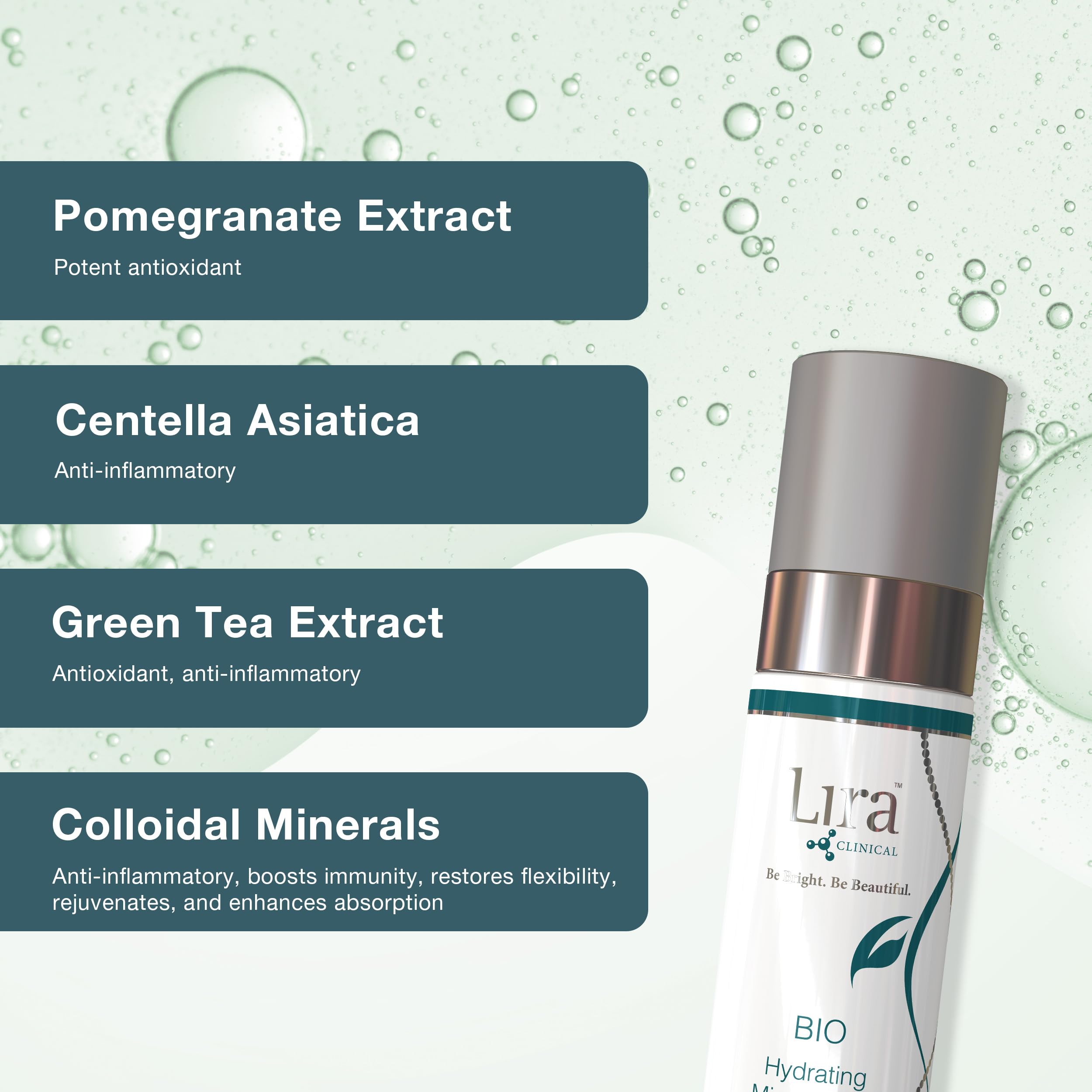 Lira Clinical BIO Brume Minérale Hydratante, utilisation quotidienne pour tous les types de peau.