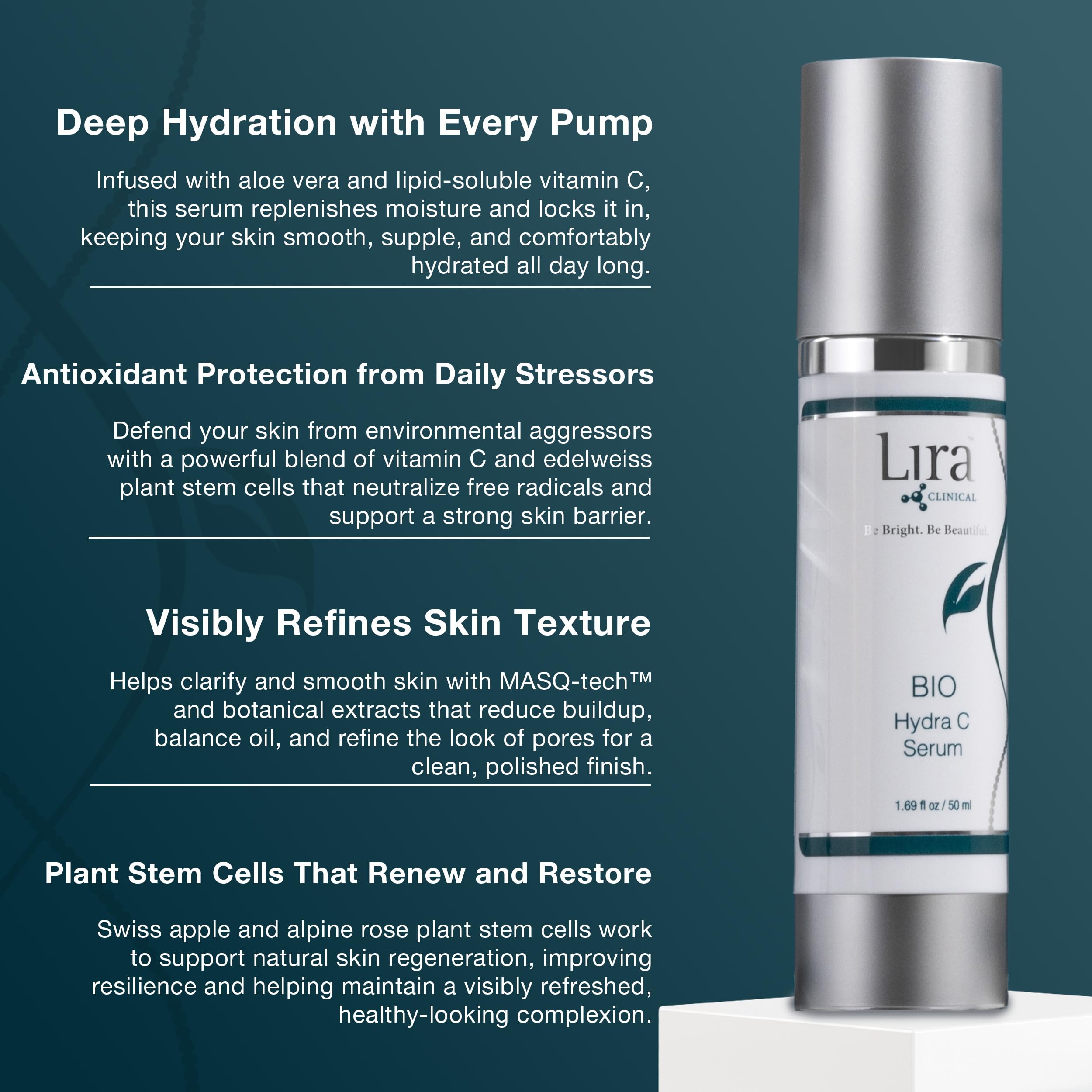Lira Clinical BIO Hydra C Serum — étiquette claire montrant les ingrédients clés et l'usage.