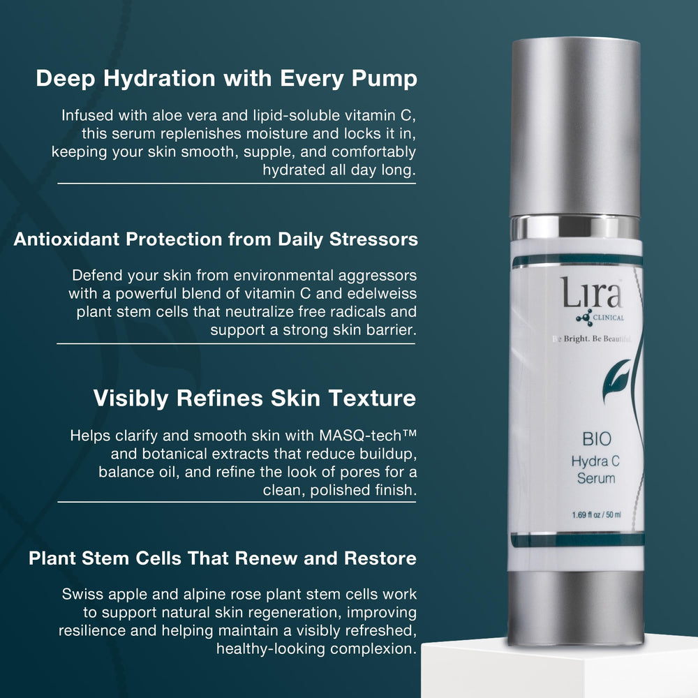 Lira Clinical BIO Hydra C Serum — étiquette claire montrant les ingrédients clés et l'usage.