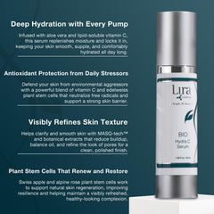 Lira Clinical BIO Hydra C Serum — étiquette claire montrant les ingrédients clés et l'usage.