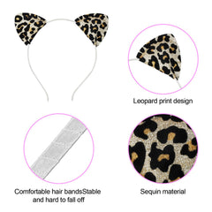 Oreilles-chat Lirila à paillettes multicolores et impression guépard, look audacieux pour soirée.