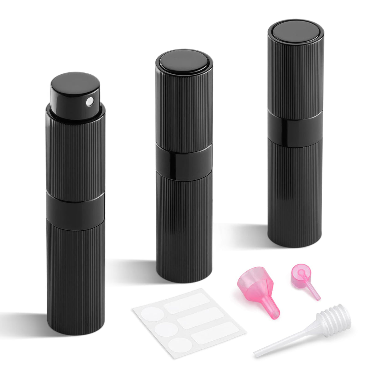 Parfum LISAPACK voyage: bouteille 8ml noire rayée pour retouches en déplacement.
