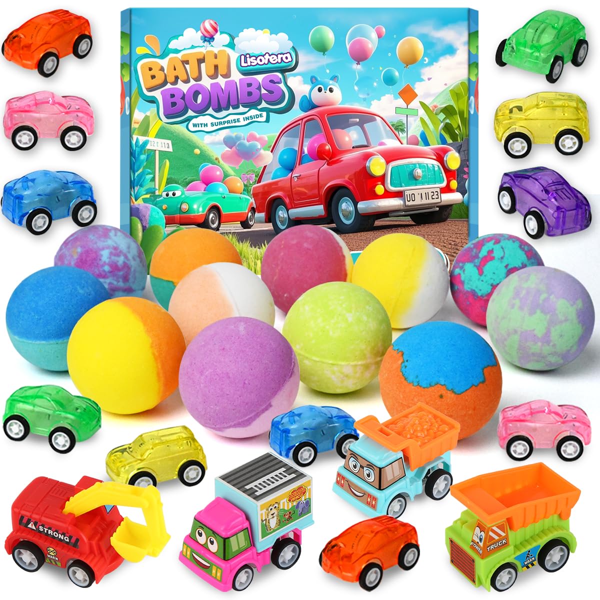 Lisotera bath bombs with toy inside reveal cars for bath-time fun