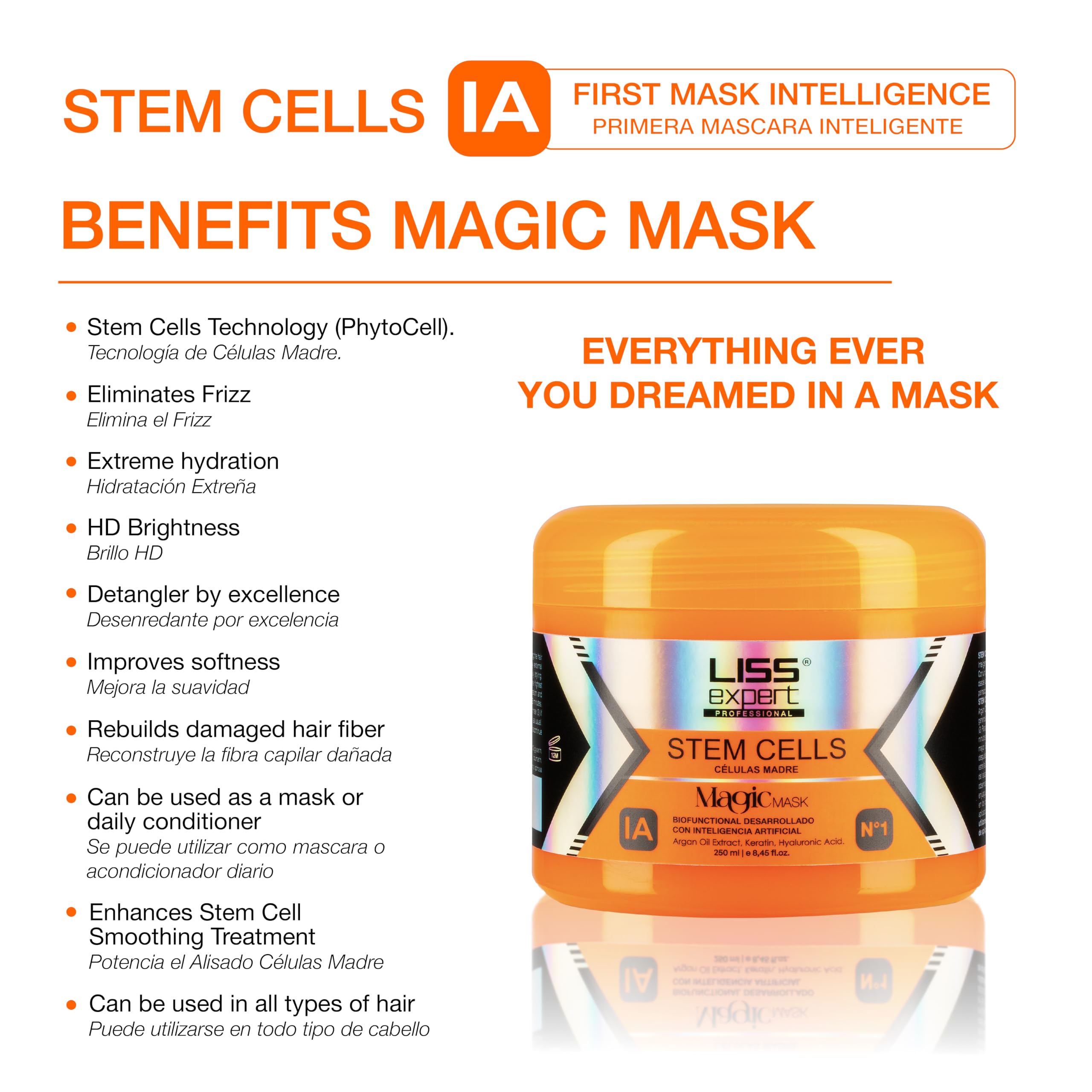 Masque cheveux Cellules Souches de Liss Expert, texture crème visible, hydratation profonde.