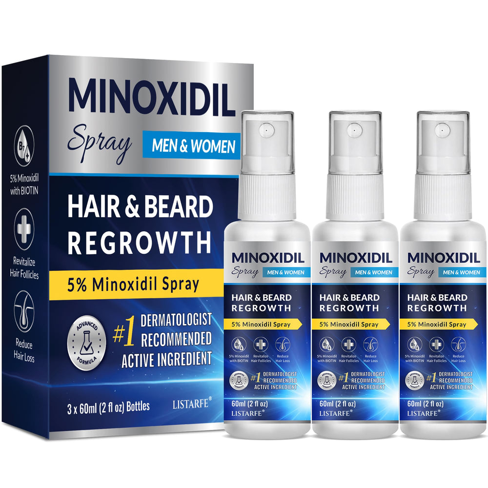 Listarfe pulvérisateur Minoxidil 3 pièces, flacon clair facilitant l'application quotidienne.