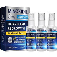 Listarfe pulvérisateur Minoxidil 3 pièces, flacon clair facilitant l'application quotidienne.