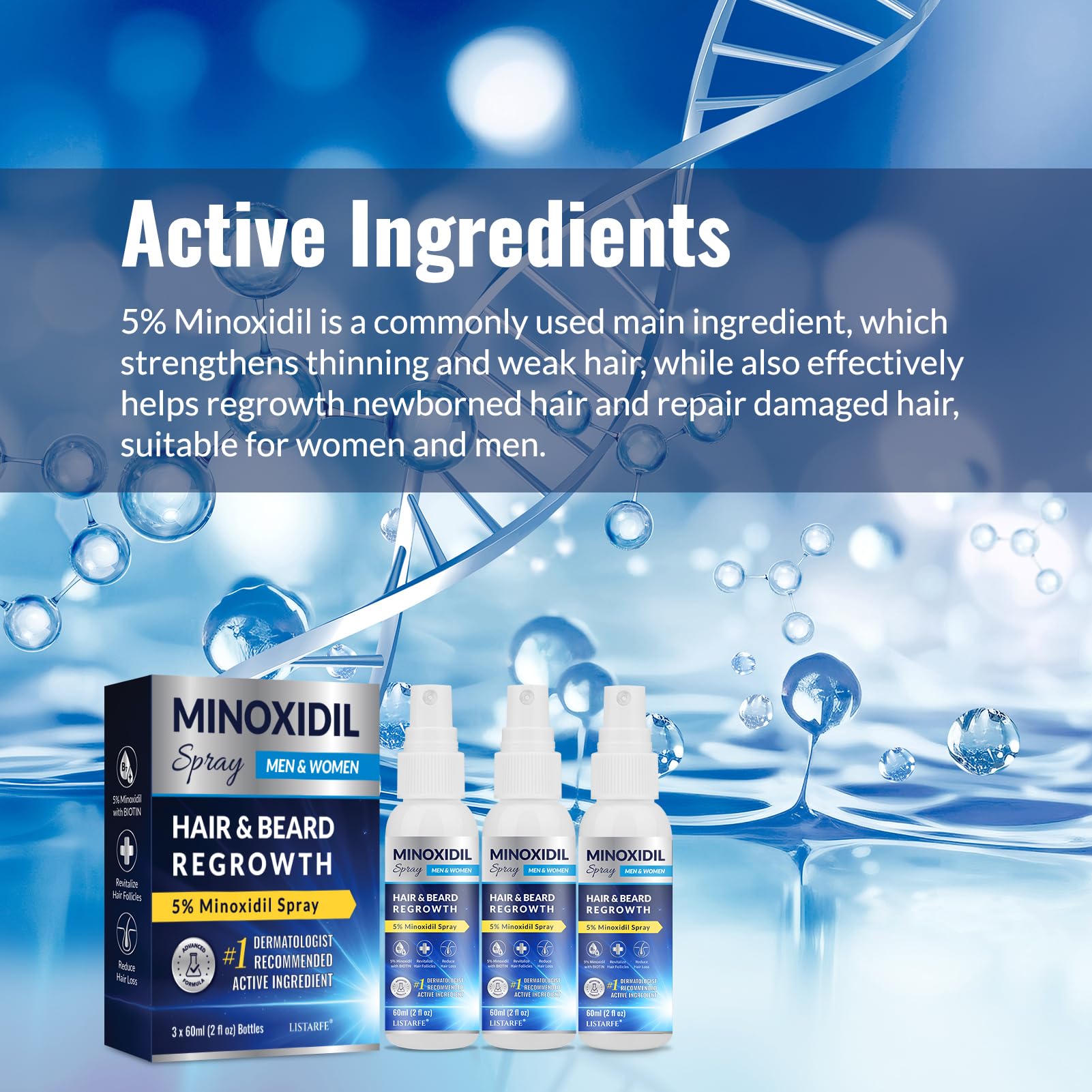 Listarfe pulvérisateur Minoxidil 3 pièces, emballage élégant pour une routine capillaire simplifiée.