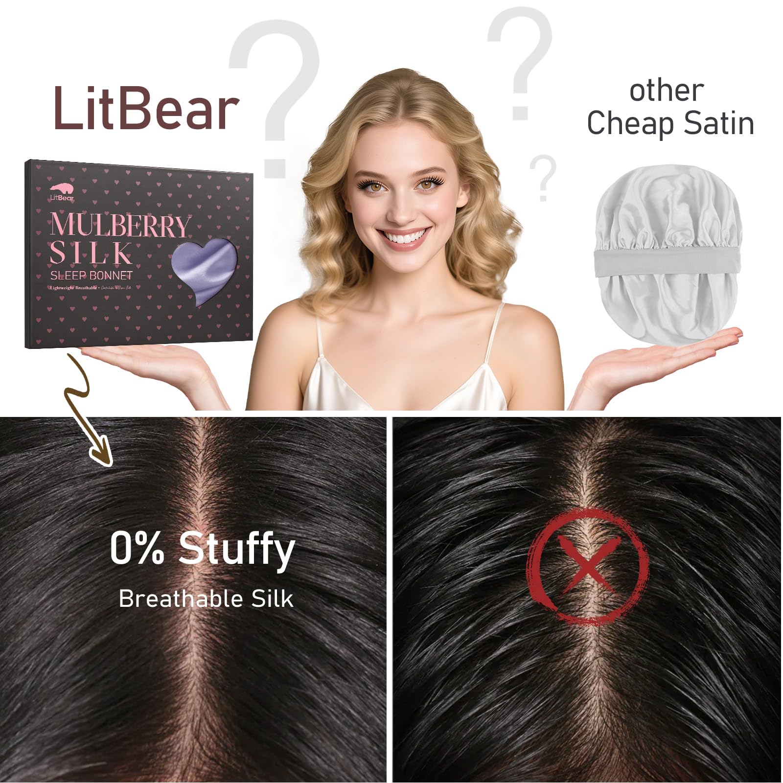 LitBear bonnet-soie-reduction-frictions: surface lisse protège les longueurs des cassures.