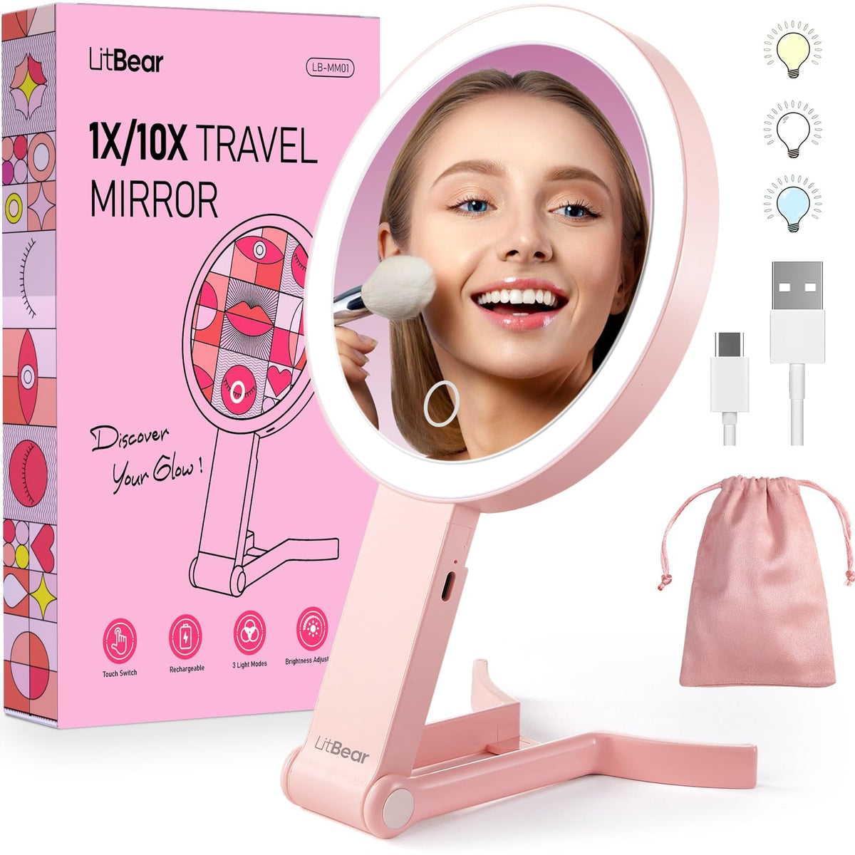 LitBear miroir-maquillage portable et lumineux pour des retouches rapides en déplacement.