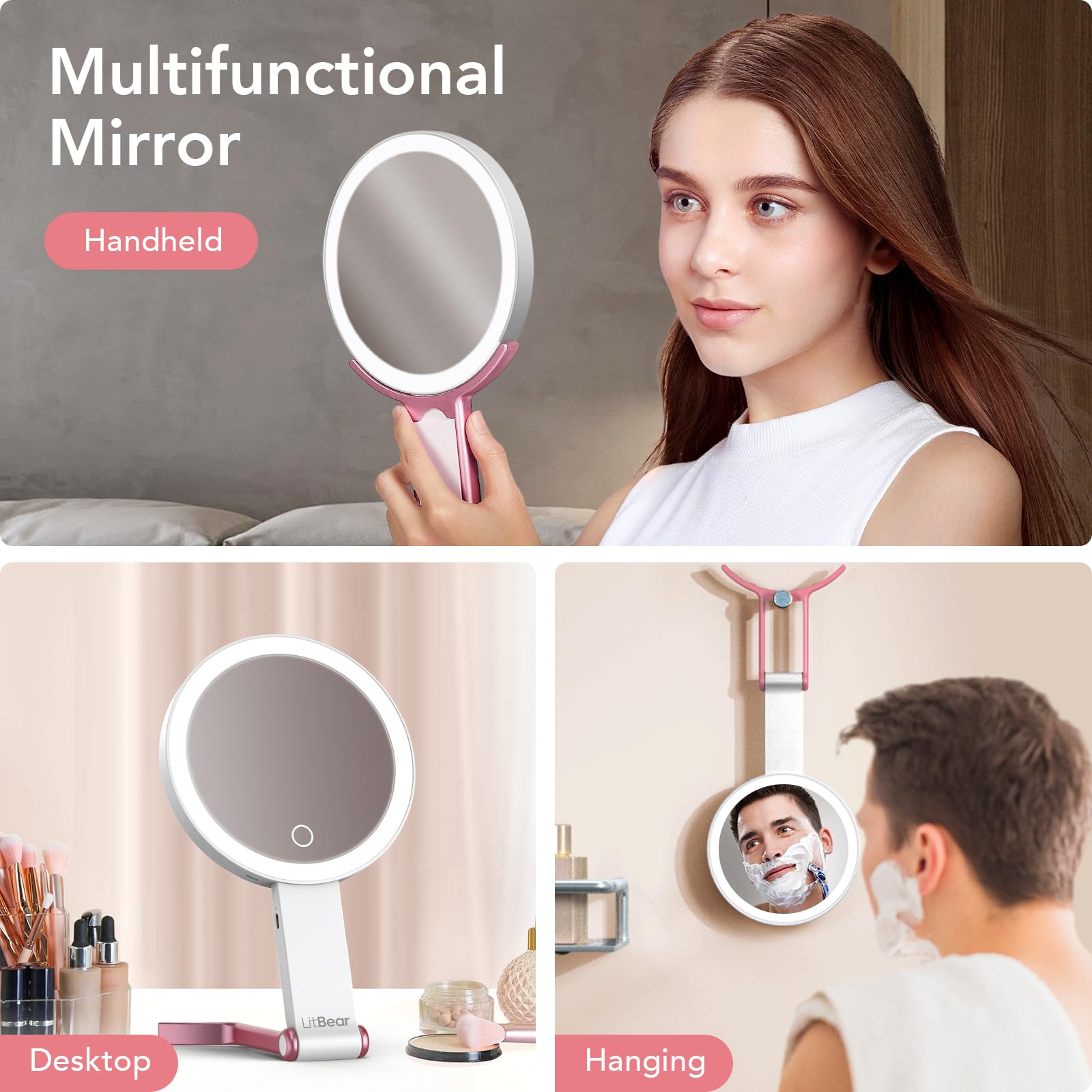 LitBear usages-multiples-main-bureau, miroir polyvalent pour maquillage et retouches.