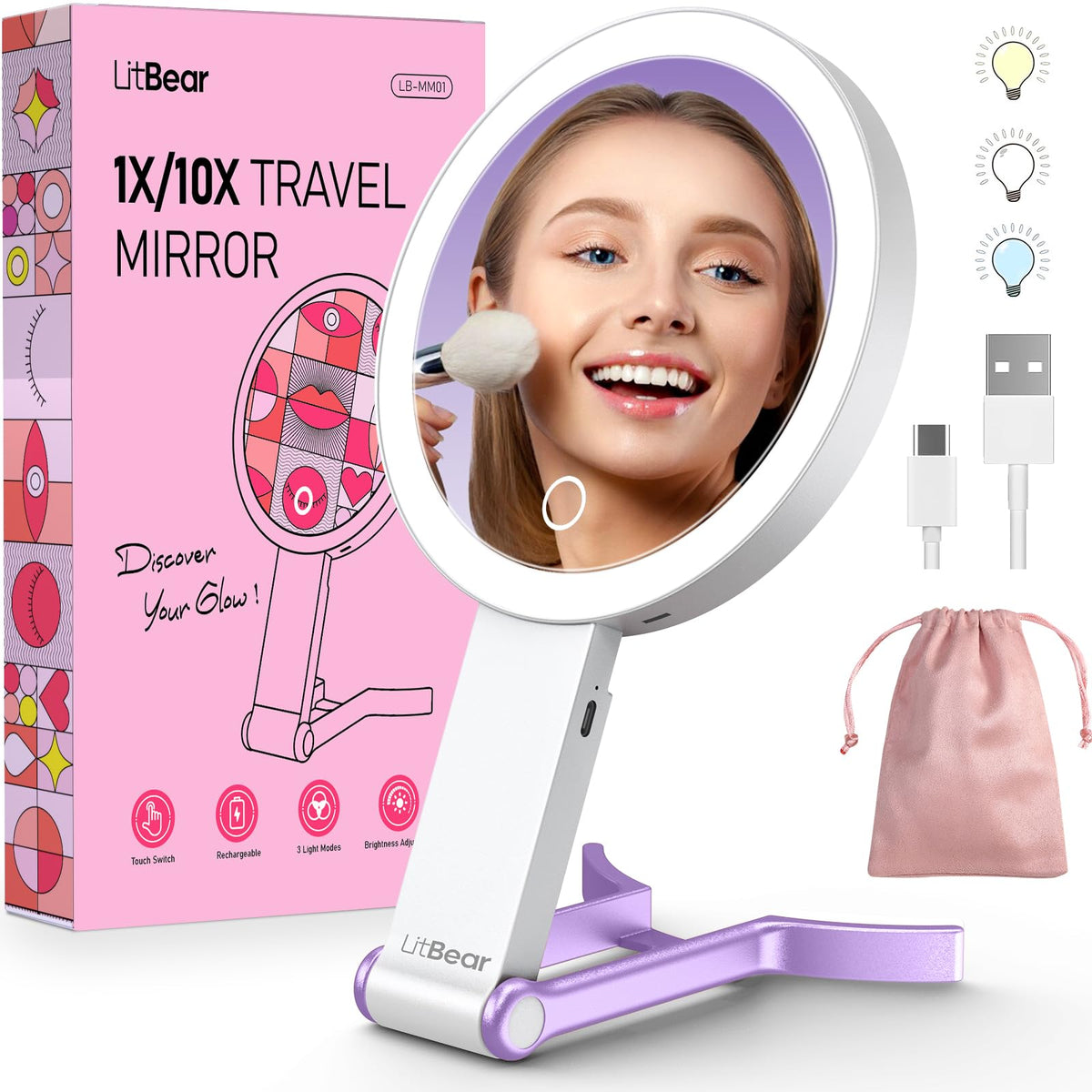 LitBear miroir voyage lumière claire pour maquillage précis en déplacement