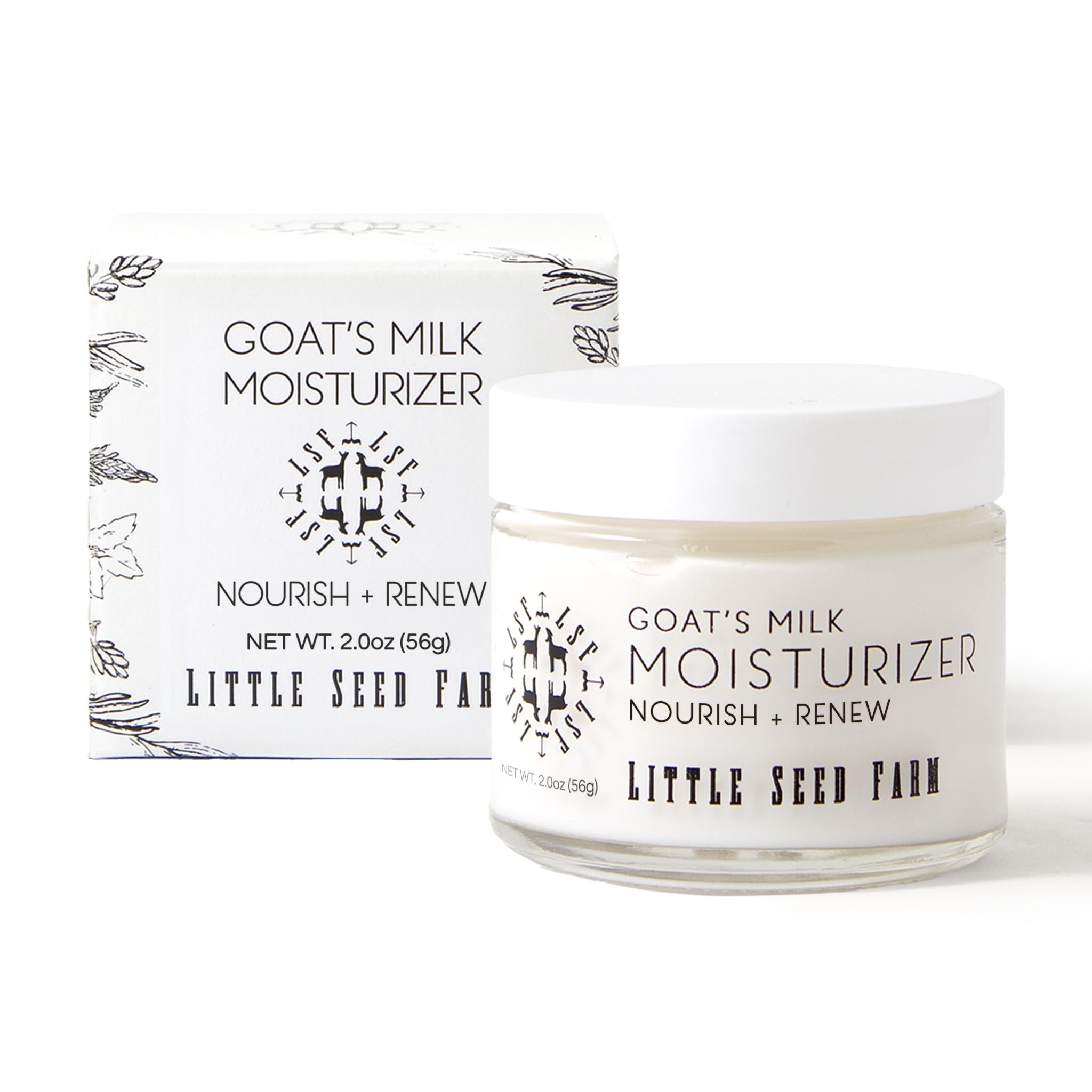 Crème visage Little Seed Farm au lait de chèvre dans un flacon en verre, hydratation naturelle.