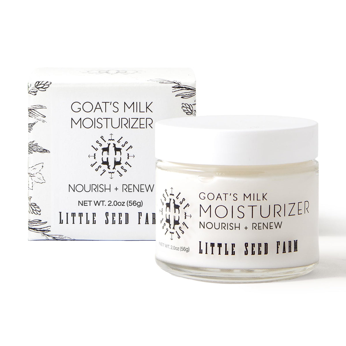 Crème visage Little Seed Farm au lait de chèvre dans un flacon en verre, hydratation naturelle.