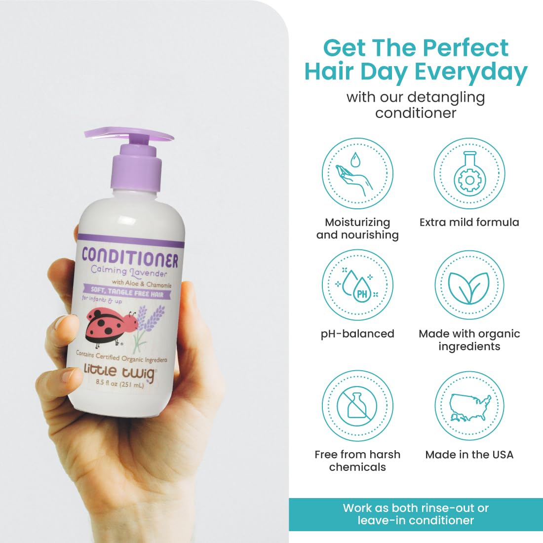Ingrédients naturels: aloe et camomille, Little Twig pour nourrir les cheveux en douceur.