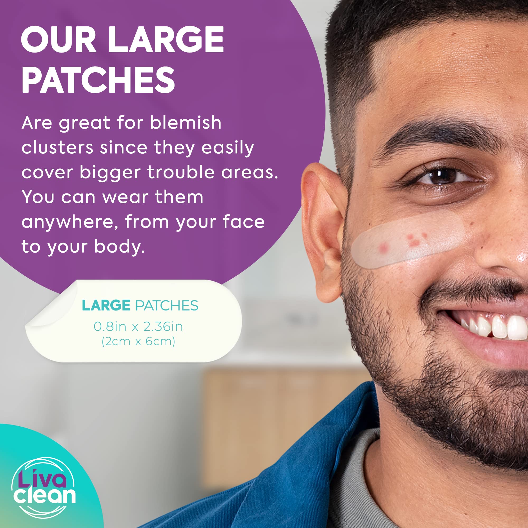 Patch LivaClean grand sur le menton, couvre les éruptions localisées.