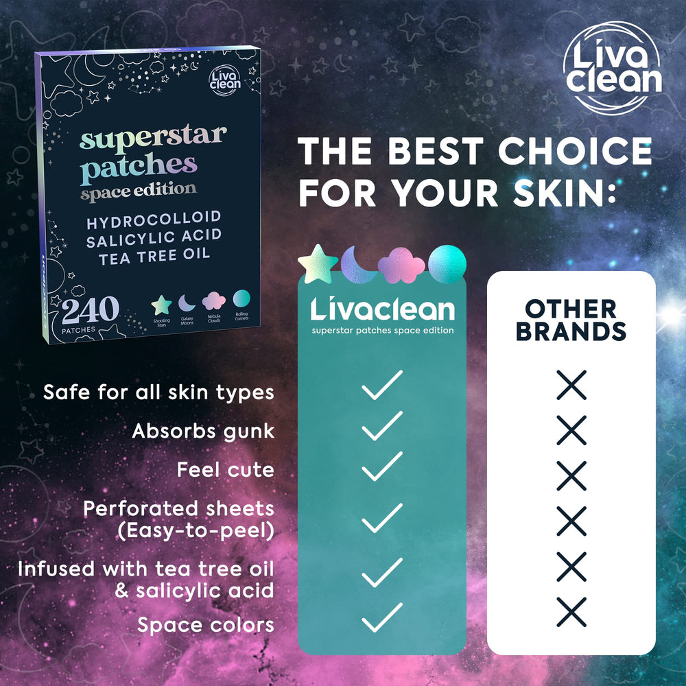 LivaClean Space Edition patch holographique couleur irisée sur peau.