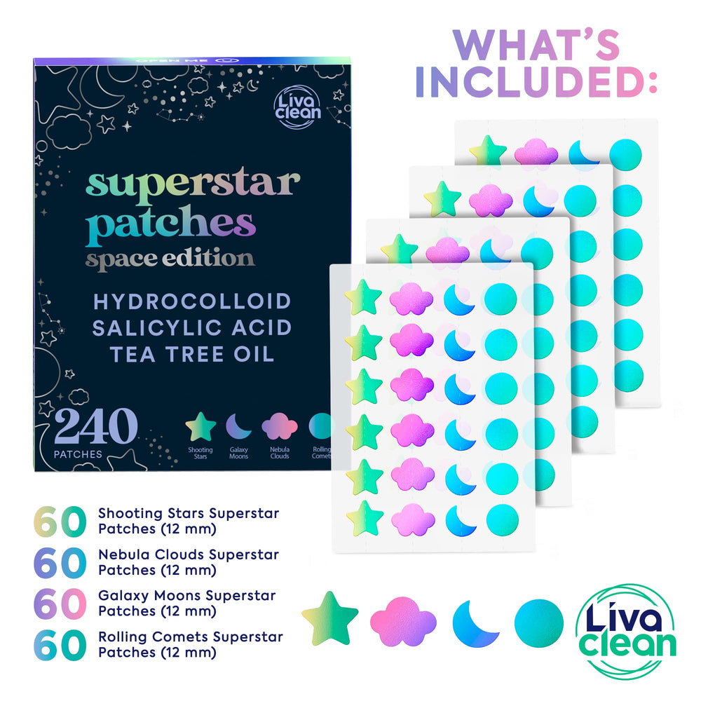 Patch LivaClean Space Edition holographique, formes étoiles, utile pour absorber sébum et protéger la peau.