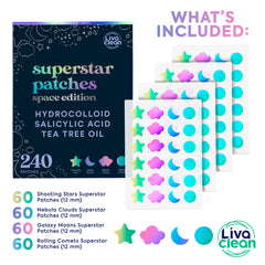 Patch LivaClean Space Edition holographique, formes étoiles, utile pour absorber sébum et protéger la peau.