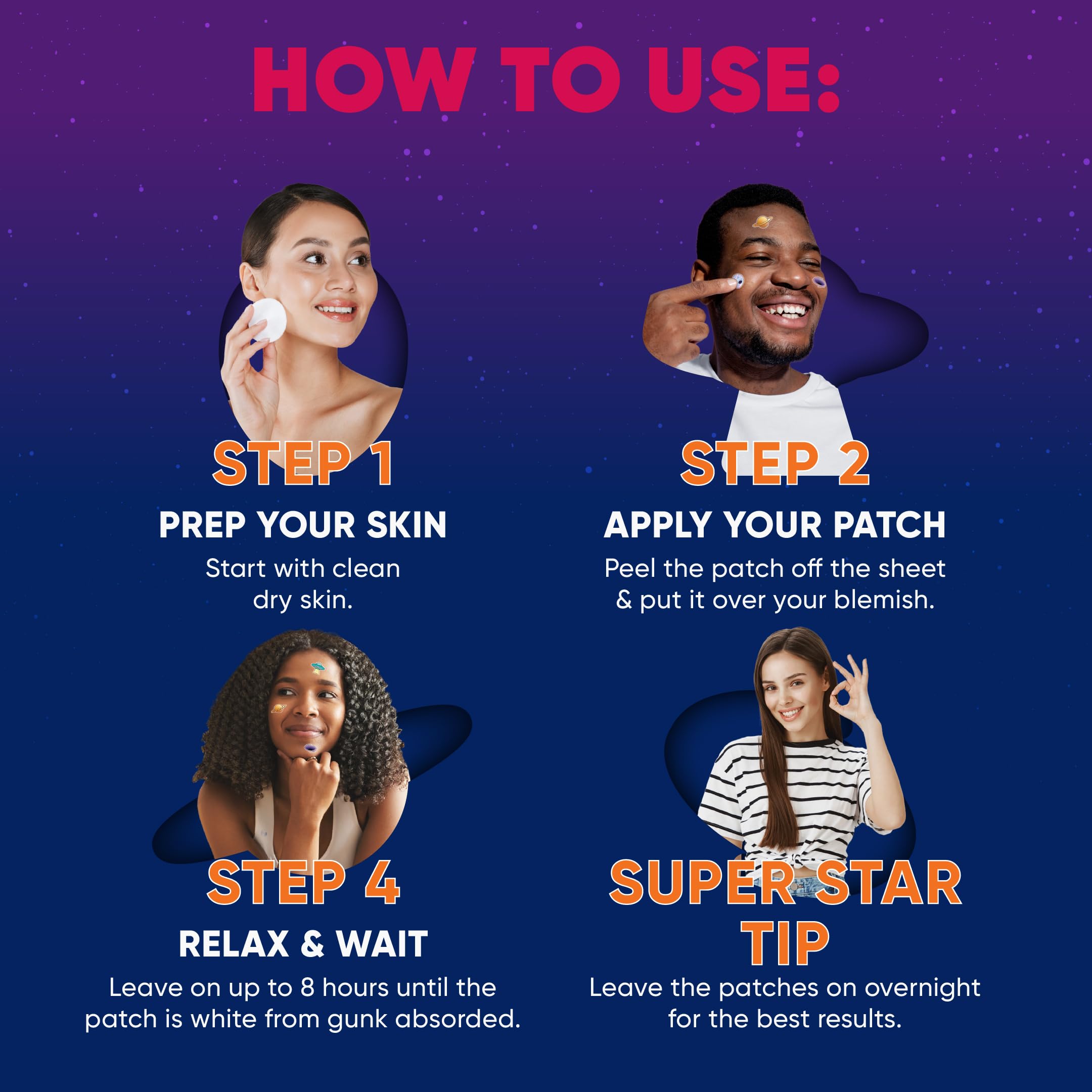 Patch hydrocolloïde LivaClean Édition Galaxie, absorbe impuretés et sébum localement.